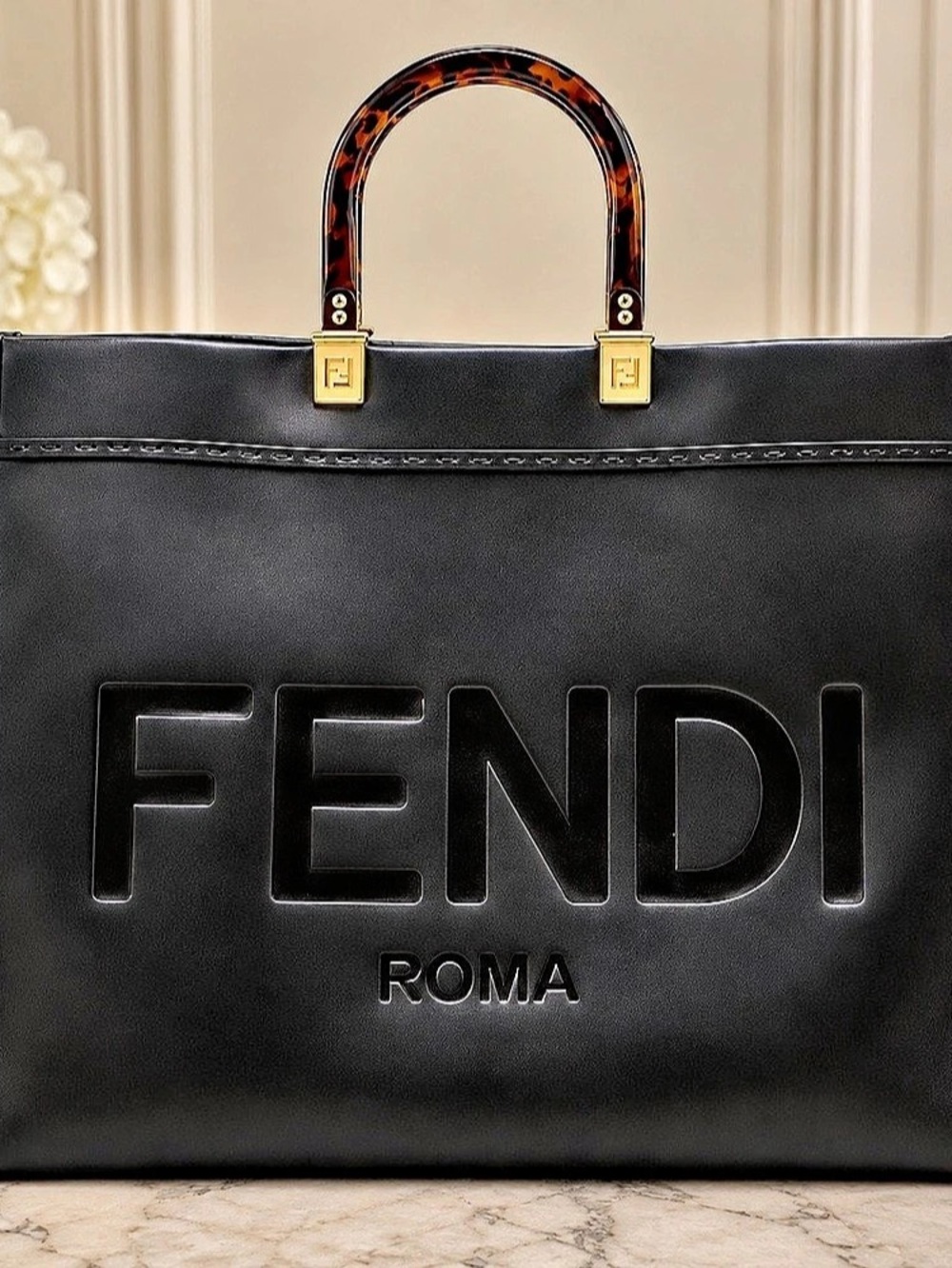 Fendi Sunshine Shopper Medium Black Leather Tortoiseshell Handle Tote